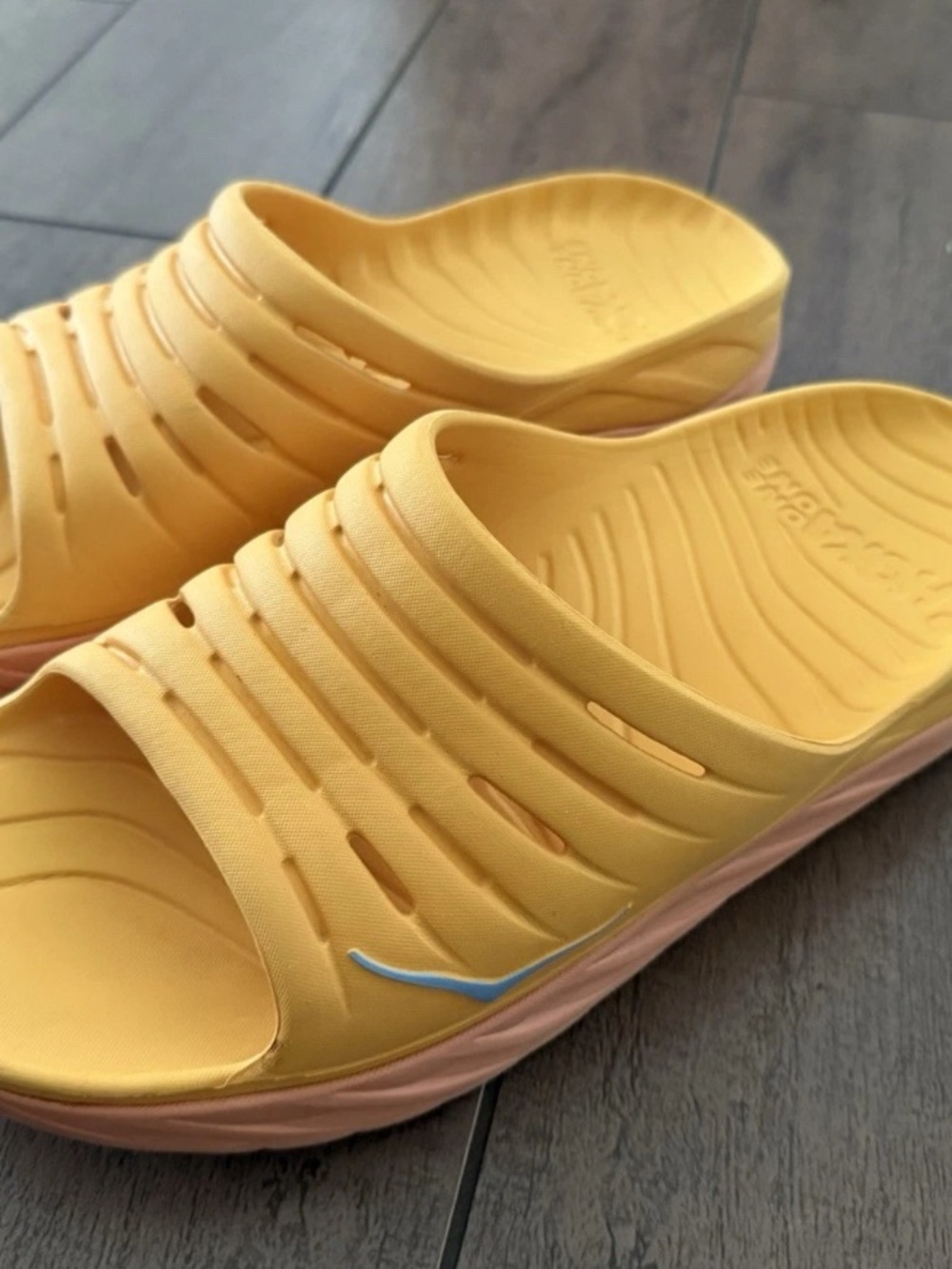Hoka One One Yellow Slide Sandals with Pink Midsole